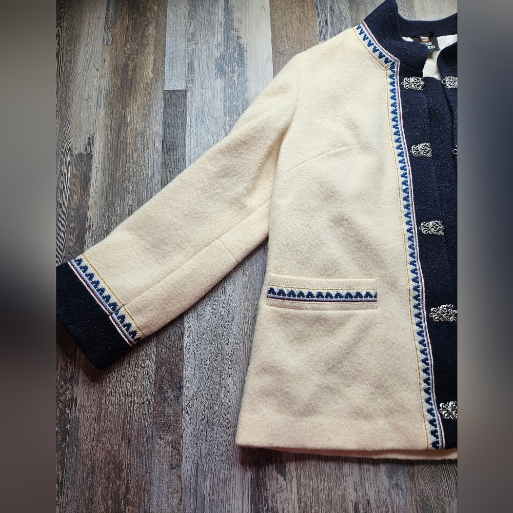 Fjord Fashion Norwegian Wool Jacket Vintage Size XL Cream & Navy Blue - Picture 3 of 14